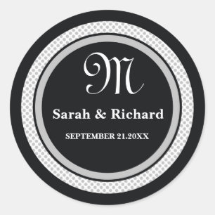 Monogrammed Wedding Stickers:Black Polka Dots Classic Round Sticker