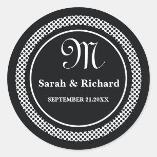 Monogrammed Wedding Stickers:Black Polka Dots Classic Round Sticker