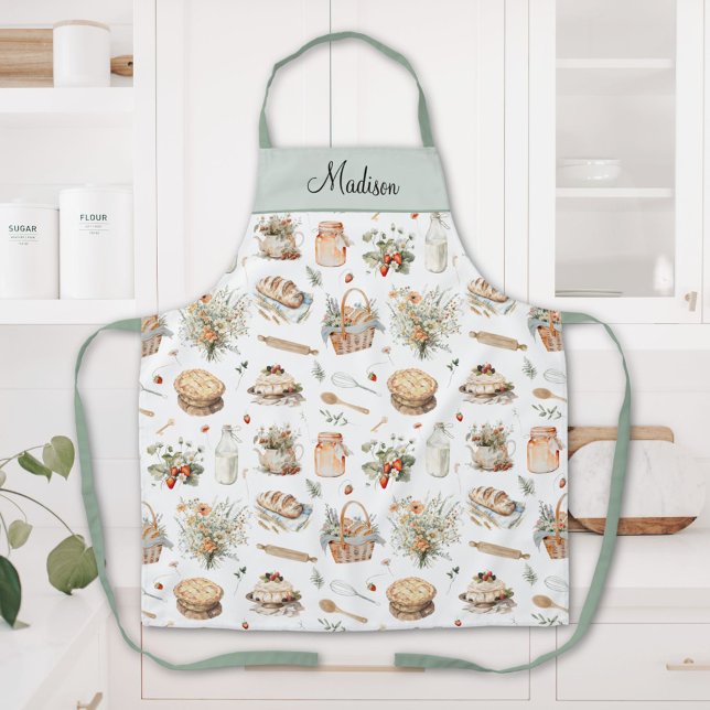 Monogrammed Whimsical Floral Strawberry Country Apron (In situ)