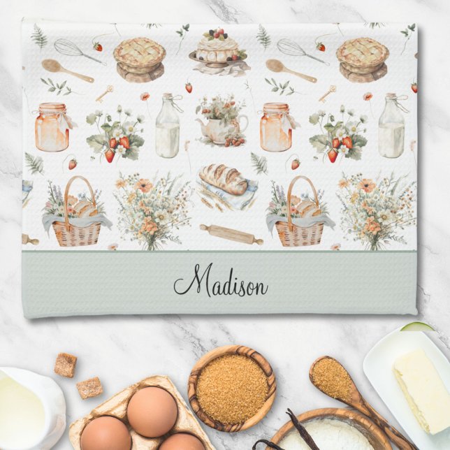 Monogrammed Whimsical Floral Strawberry Country Tea Towel (In situ)