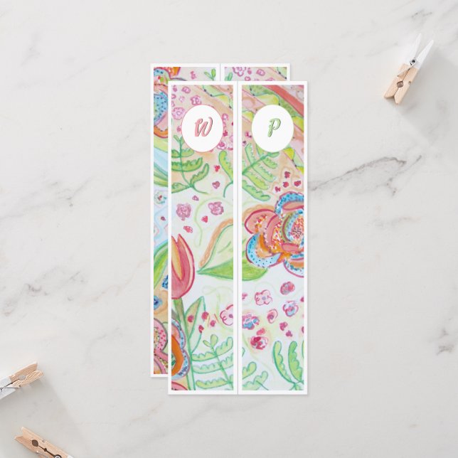 Monogrammed Whimsical Flowers Two Bookmarks (Front/Back In Situ)