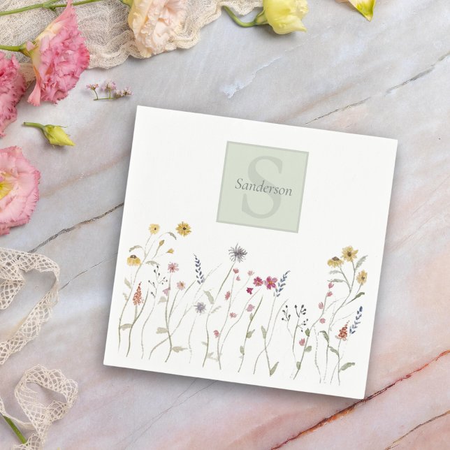 Monogrammed Whimsical Watercolor Wildflower Shower Napkin (Creator Uploaded)