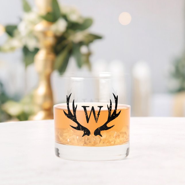 Monogrammed whiskey glass with deer antler logo (Insitu (Wedding))