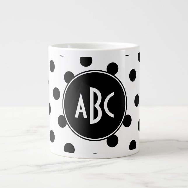 Monogrammed White and Black Polka Dots Large Coffee Mug (Front)