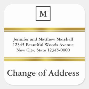 Monogrammed White and Faux Gold Change of Address Square Sticker