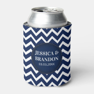 Monogrammed White & Blue Geometric Zigzag Chevron Can Cooler