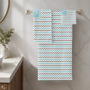 Monogrammed White Blue Grey Chevron Bath Towel Set