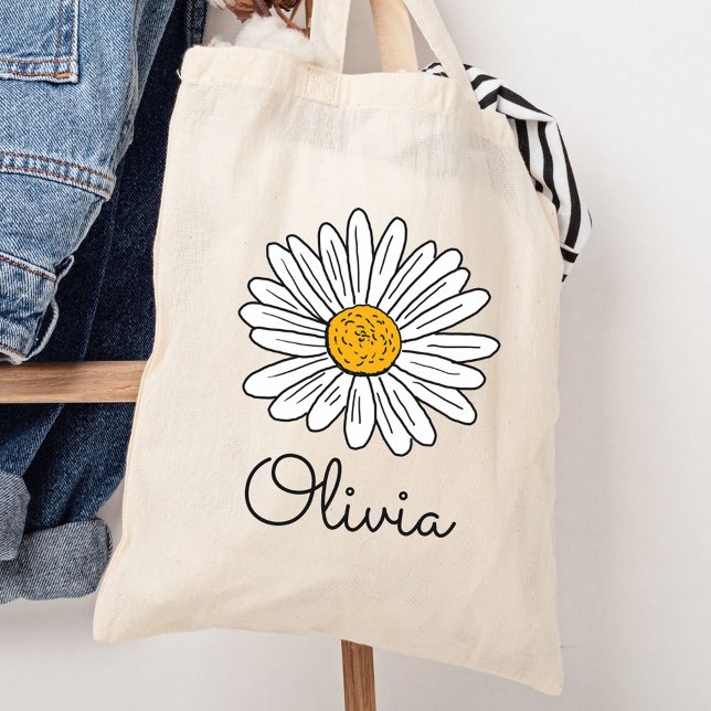 Monogrammed White Daisy Floral Tote Bag (In situ)