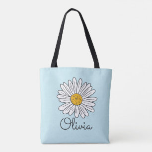 Monogrammed White Daisy Floral Tote Bag