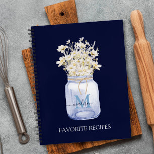 Monogrammed White Daisy Flower in Mason Jar Recipe Notebook
