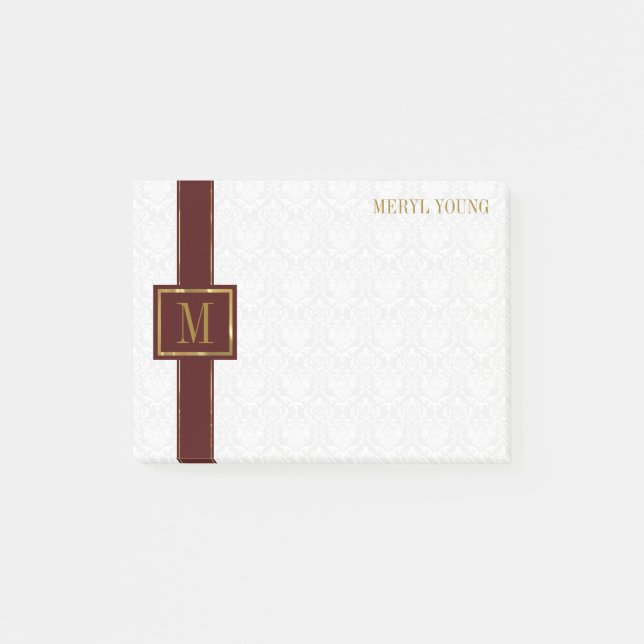 Monogrammed White Damask Post-it Notes (Front)