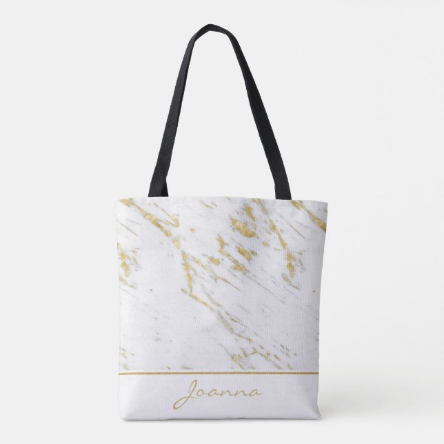 Monogrammed White Marble Gold Glitter Tote Bag (Back)