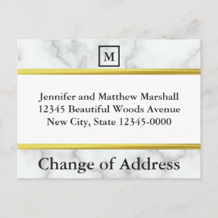 Monogrammed White Marble Look Change of Address Announcement Postcard