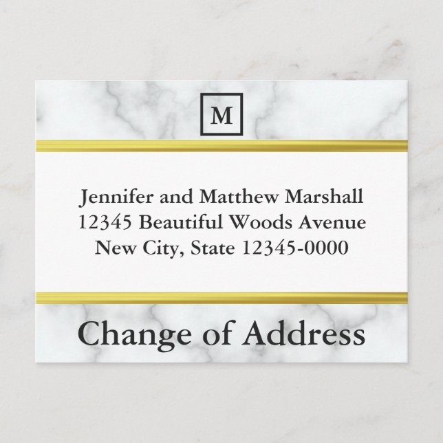 Monogrammed White Marble Look Change of Address Announcement Postcard (Front)