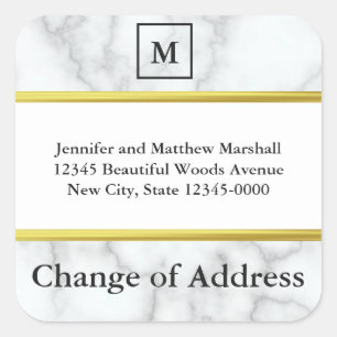 Monogrammed White Marble Look Change of Address Square Sticker