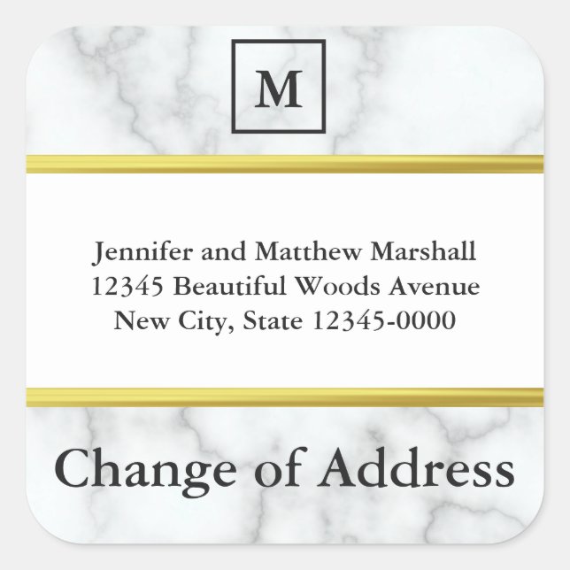Monogrammed White Marble Look Change of Address Square Sticker (Front)