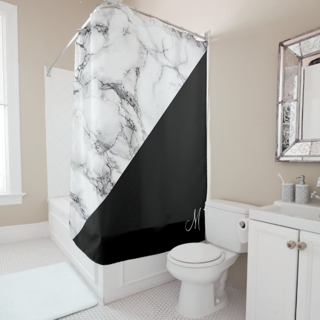 Monogrammed White Marble Stone Shower Curtain (In Situ)