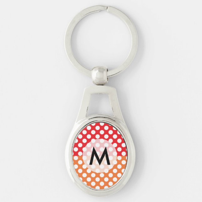 Monogrammed White, Red and Orange Polka Dot Key Ring (Front)