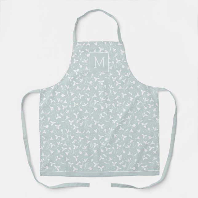 Monogrammed White Snowdrop Pattern. Pastel Green Apron (Front)