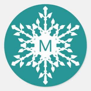 Monogrammed White Snowflake on Teal Classic Round Sticker