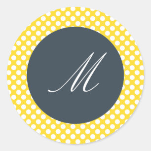 Monogrammed White, Yellow and Charcoal Polka Dot Classic Round Sticker