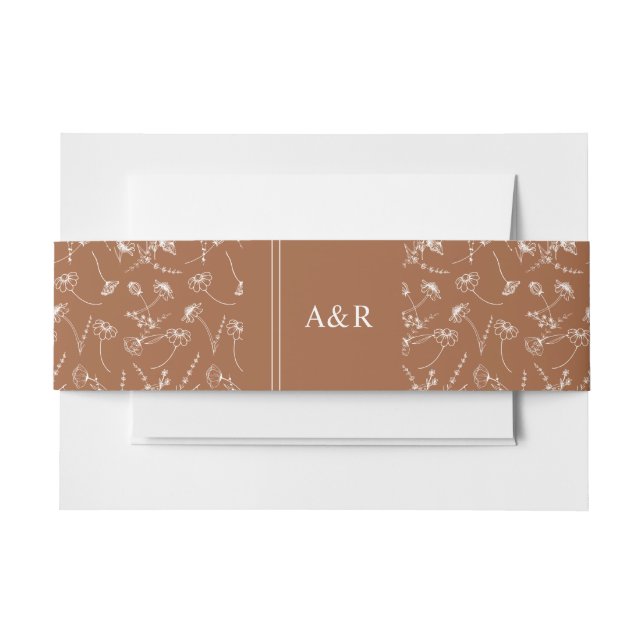 Monogrammed Wildflower Sketch Burnt Orange Wedding Invitation Belly Band (Front Example)