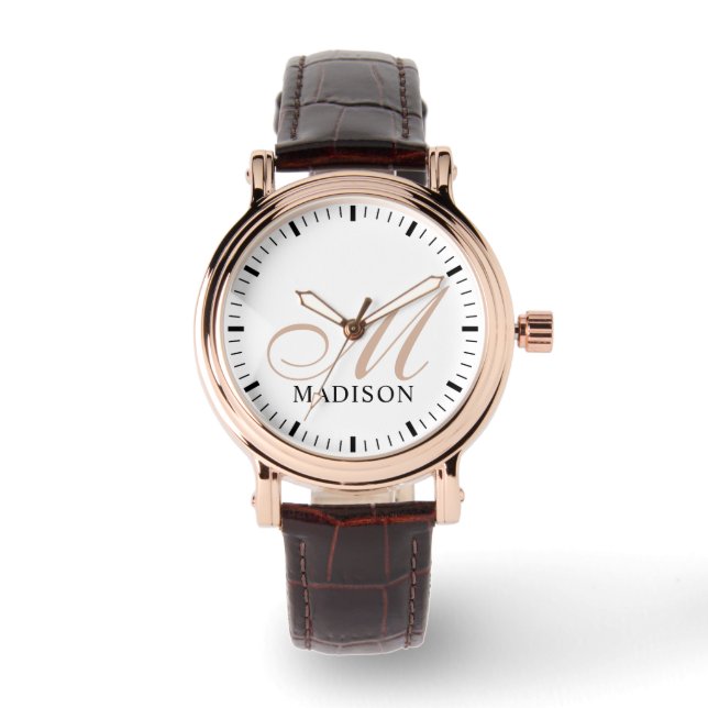 Monogrammed Women's Rose Gold Vintage Watch Brown (Front)