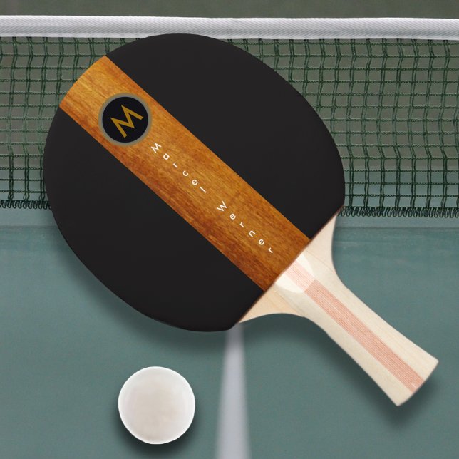 Monogrammed wood colour stripe on black ping pong paddle (Creator Uploaded)
