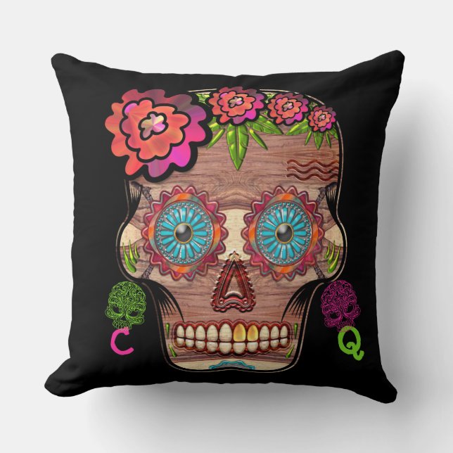 Monogrammed Woodie Sugar Skull Cushion (Front)