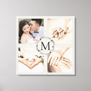 Monogrammed wreath collage with 4 photos canvas print