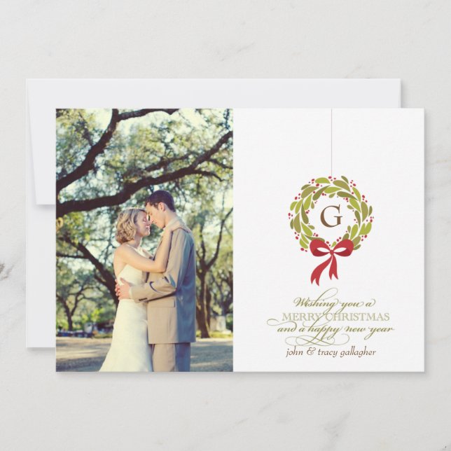 Monogrammed Wreath - Holiday Photo Card (Front)