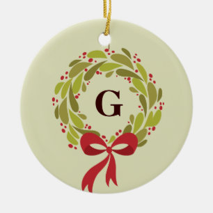 Monogrammed Wreath - Our First Christmas Ceramic Tree Decoration