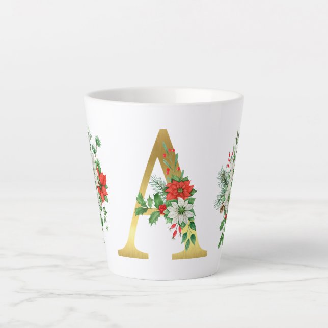 Monogrammed Xmas Latte Mug – Elegant Gold Letter (Front)