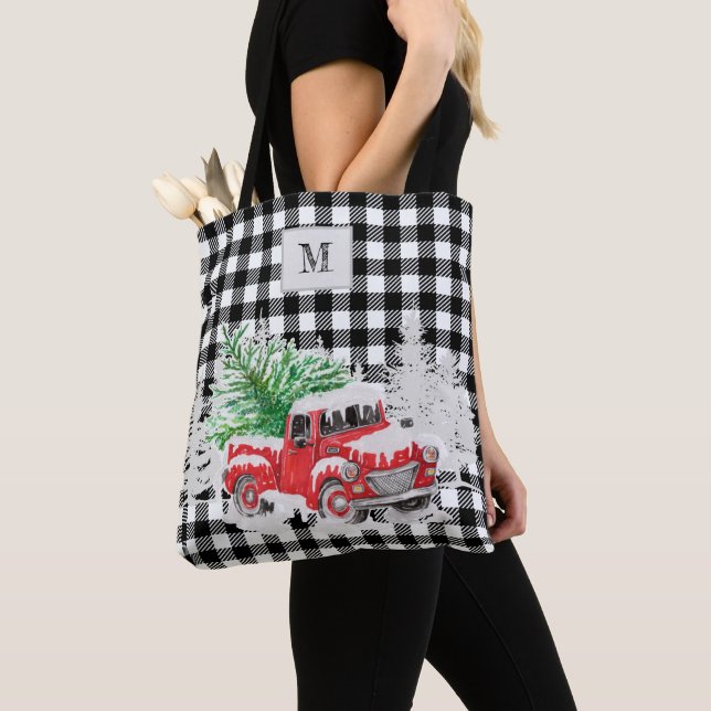 Monogrammed Xmas red truck buffalo check black Tote Bag (Close Up)