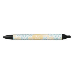 Monogrammed Yellow and Aqua Floral Damask Black Ink Pen