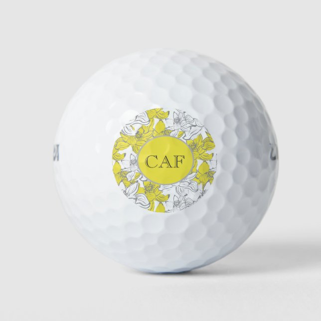 Monogrammed Yellow and Grey Floral  Golf Balls (Front)