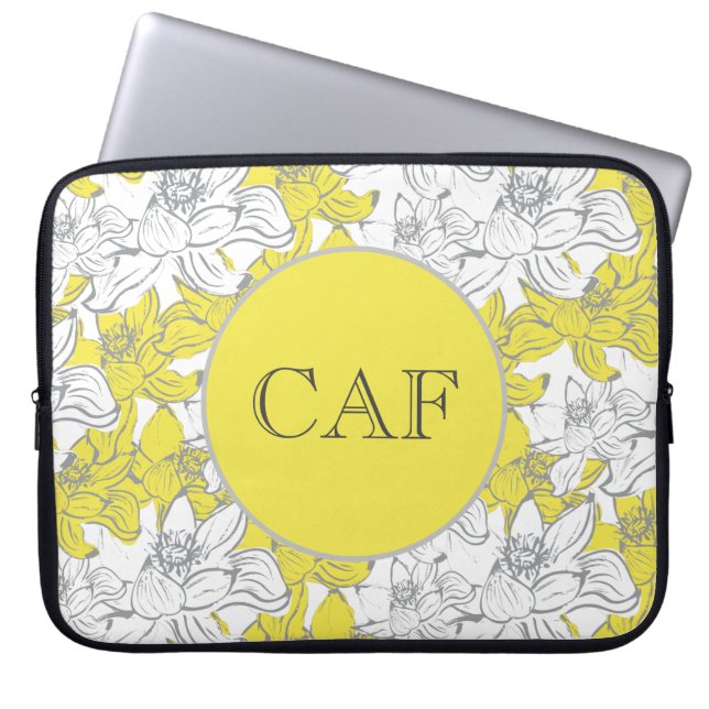 Monogrammed Yellow and Grey Floral  Laptop Sleeve (Front)
