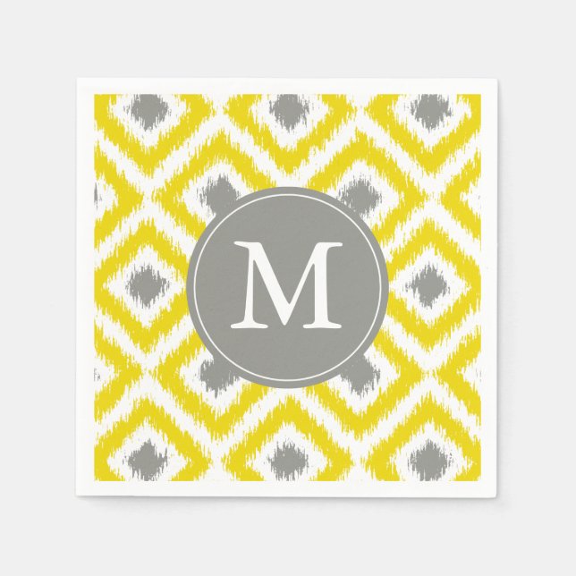 Monogrammed Yellow and Grey Ikat Diamonds Pattern Napkin (Front)