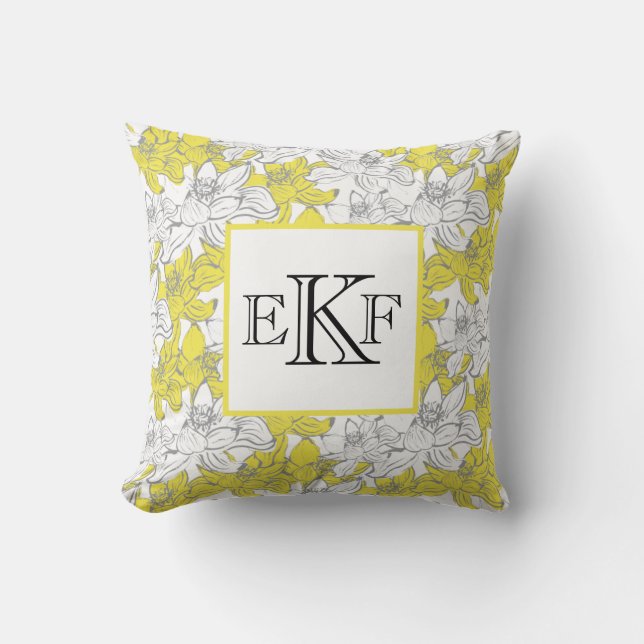 Monogrammed Yellow and Grey White Floral Cushion (Front)