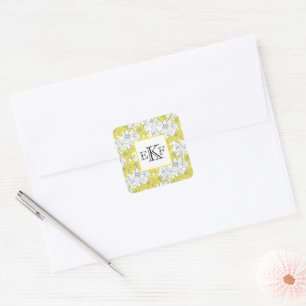 Monogrammed Yellow and Grey White Floral  Square Sticker