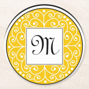 Monogrammed Yellow Black White Swirls Pattern Round Paper Coaster