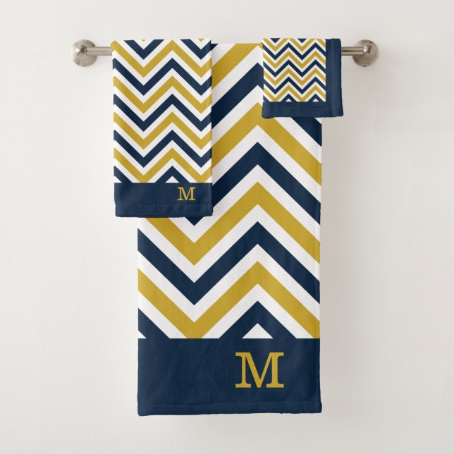 Monogrammed Yellow Blue Chevron Pattern Bath Towel Set (Insitu)