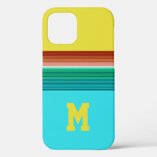 Monogrammed Yellow Blue Multicolor Striped Pattern iPhone 12 Case