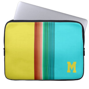 Monogrammed Yellow Blue Multicolor Striped Pattern Laptop Sleeve
