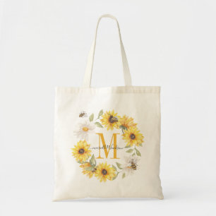 Monogrammed Yellow Gold Watercolor Sunflowers Tote Bag