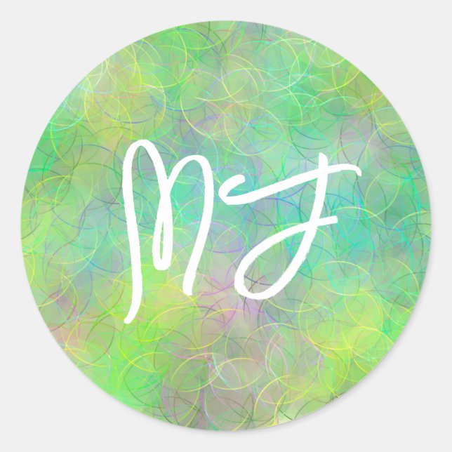 Monogrammed Yellow, Green and Pink Classic Round Sticker (Front)