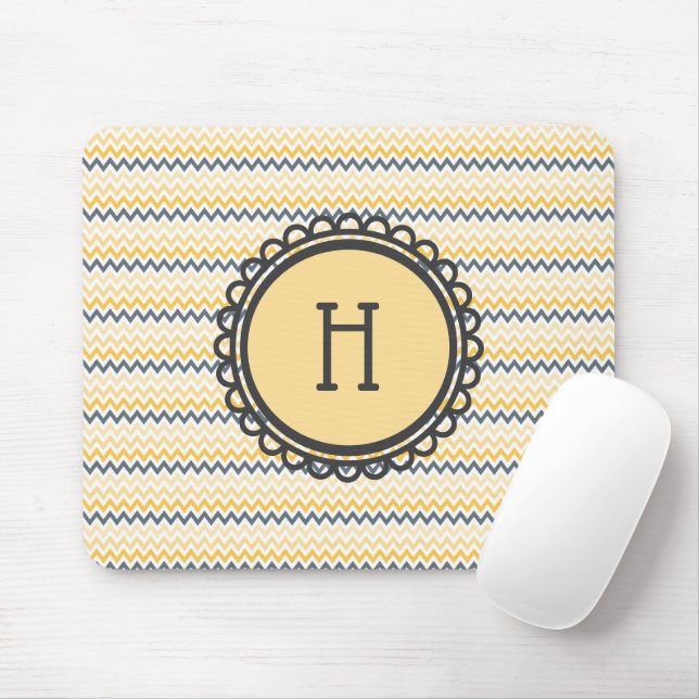 Monogrammed Yellow Grey Chevron  Mouse Mat (With Mouse)