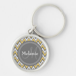 Monogrammed Yellow & Grey Chevron Pattern Key Ring