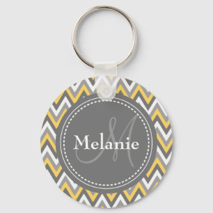 Monogrammed Yellow & Grey Chevron Pattern Key Ring