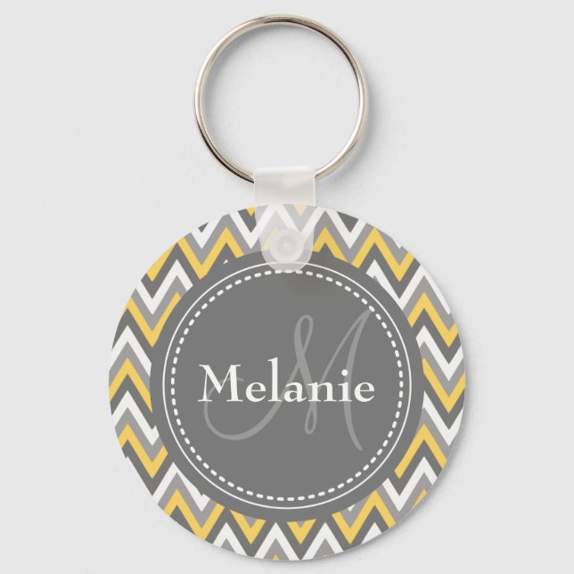 Monogrammed Yellow & Grey Chevron Pattern Key Ring (Front)